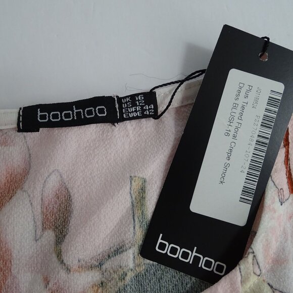 Boohoo Floral Crepe Smock Dress Women Size 12 Pink Tiered Short Sleeve NEW - Picture 5 of 10